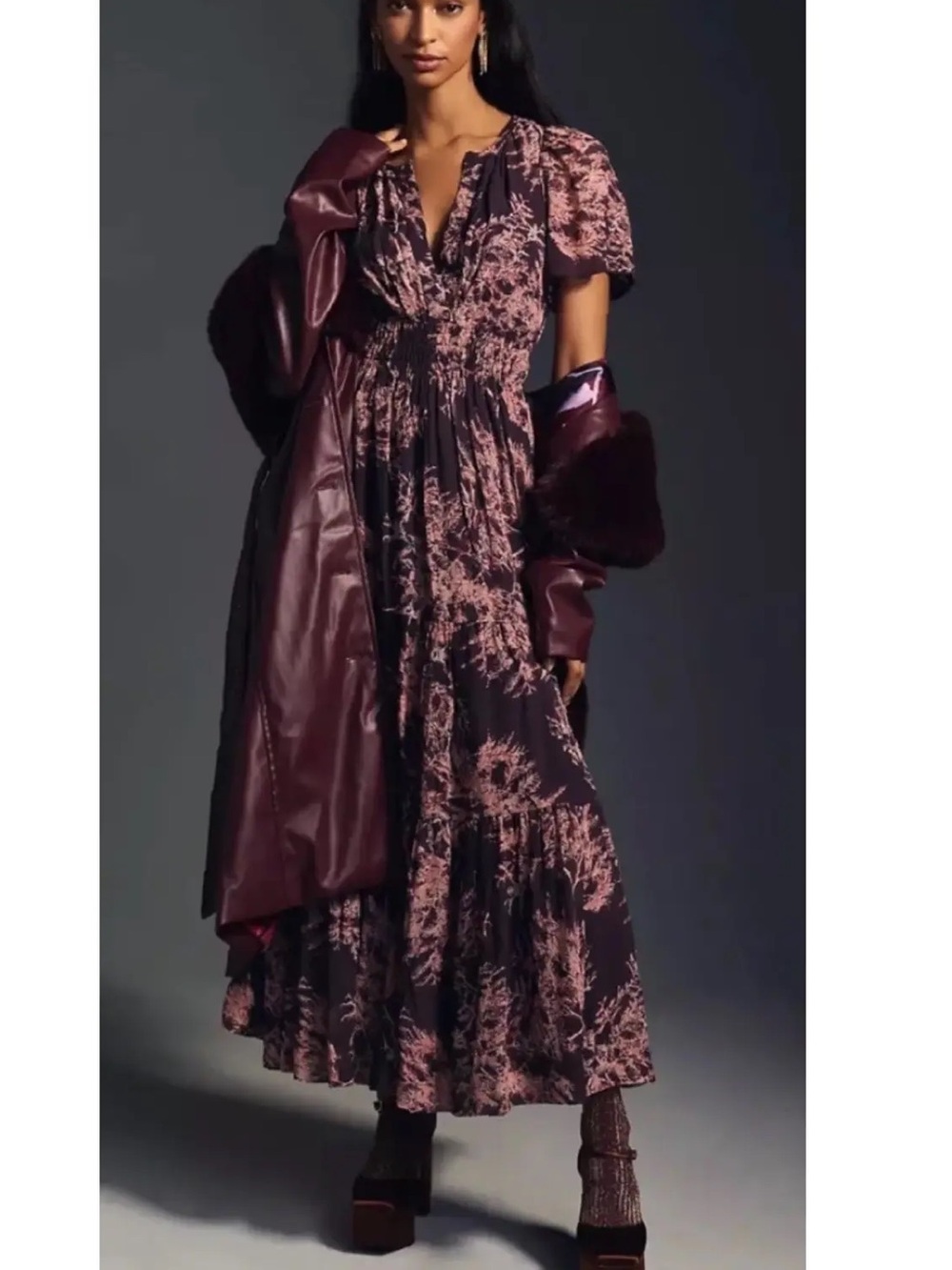 Anthropologie Somerset Chiffon Maxi Dress Floral Smocked Boho Maxi 8004 - Picture 3 of 14